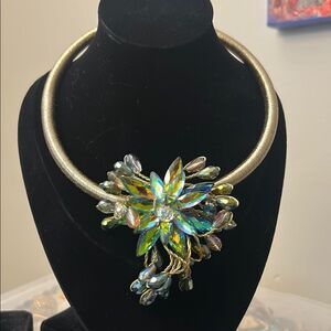 Iridescent Crystal Floral Statement Necklace - Gold Tone
